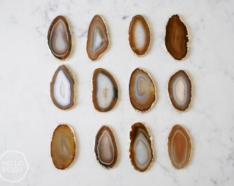 Gold plated natural brown agate slices. DRILLED agate slices. jewelry agate pendant