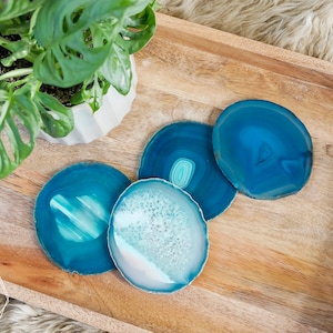 Teal agate coasters with UNPLATED rims. green blue coasters. luxury home decor gift