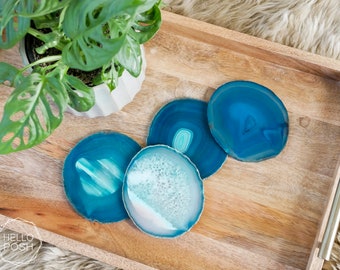 Teal agate coasters with UNPLATED rims. green blue coasters. luxury home decor gift