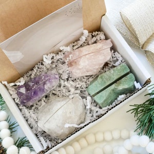 Kristall Geschenk-Set. -Kartenhalter. Rosenquarz, Bergkristall, Amethyst, Grünquarz. Geschenk-Box. Geschenkkorb