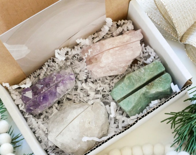 Crystal Lover Gift Set, 4 Stone Card Holders, Amethyst Rose Quartz Green Clear Quartz, Gift Box, Holiday Gift Basket