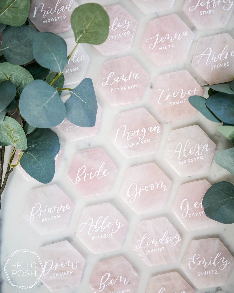 Large Rose quartz HEXAGON place cards. light pink quartz wedding decor. name tags wedding escort cards quartz slices geometric calligraphy image 8