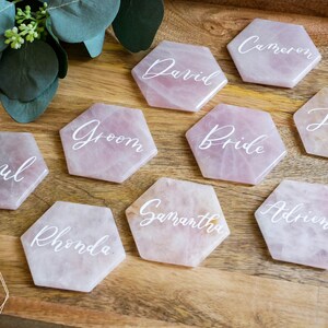 Large Rose quartz HEXAGON place cards. light pink quartz wedding decor. name tags wedding escort cards quartz slices geometric calligraphy image 7