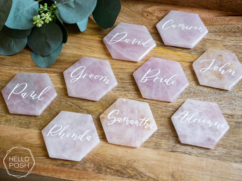 Large Rose quartz HEXAGON place cards. light pink quartz wedding decor. name tags wedding escort cards quartz slices geometric calligraphy image 7