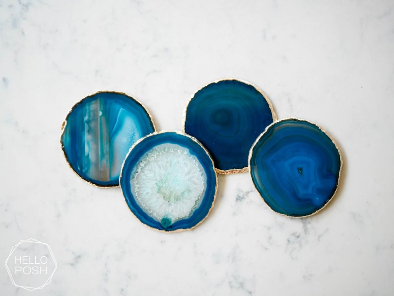 24K GOLD rim coaster set green blue coasters tg01 Teal agate coasters white crystal gem coasters luxury home decor gift
