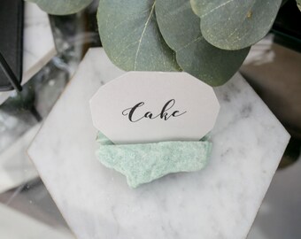 Green quartz card holders. wedding decor. green quartz sign stand. place card holder. mint green stone