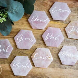 Large Rose quartz HEXAGON place cards. light pink quartz wedding decor. name tags wedding escort cards quartz slices geometric calligraphy image 6