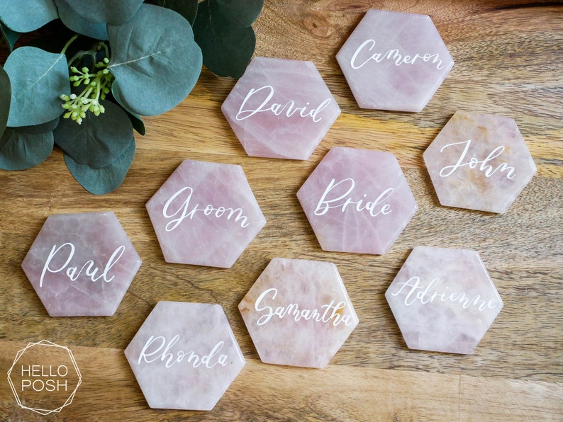 Large Rose quartz HEXAGON place cards. light pink quartz wedding decor. name tags wedding escort cards quartz slices geometric calligraphy image 6