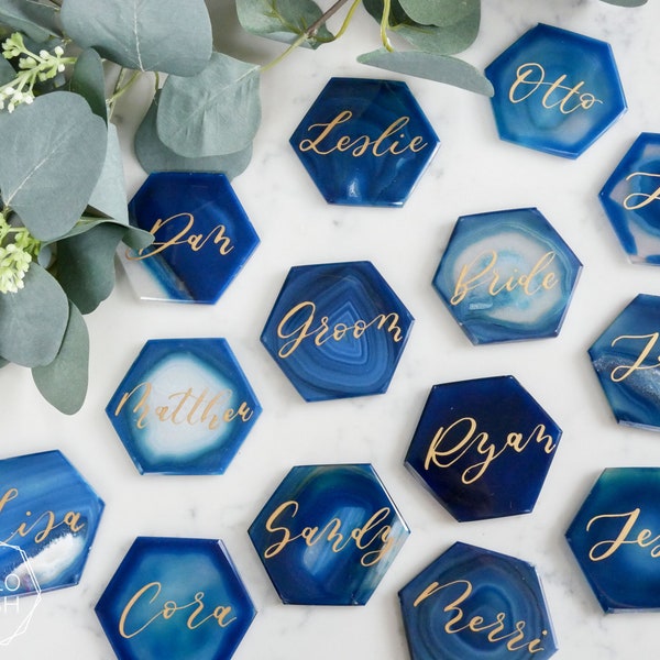 Blue agate HEXAGON place cards. blue agate wedding decor. escort cards. calligraphy