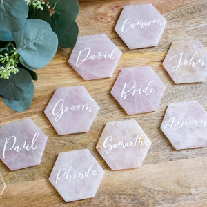 Large Rose quartz HEXAGON place cards. light pink quartz wedding decor. name tags wedding escort cards quartz slices geometric calligraphy image 4