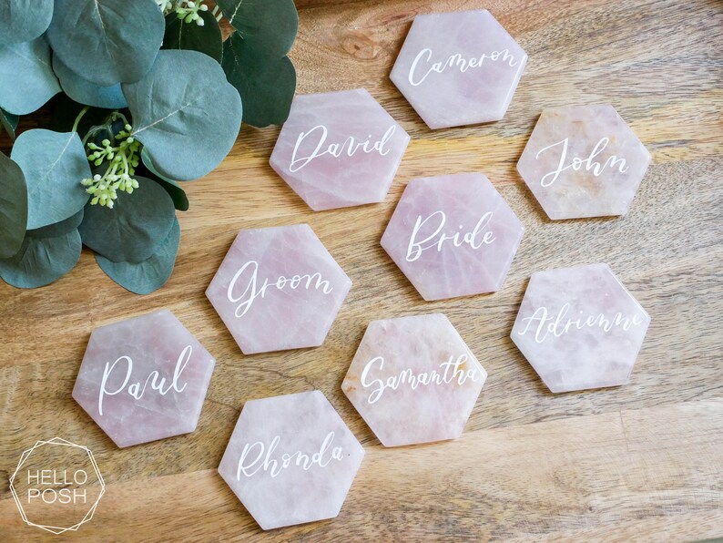 Large Rose quartz HEXAGON place cards. light pink quartz wedding decor. name tags wedding escort cards quartz slices geometric calligraphy image 4