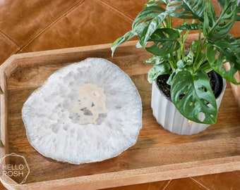 NG10 - White agate platter. natural gray agate trivet. GOLD plated.