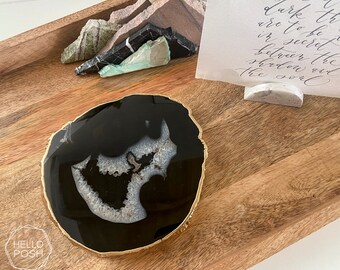 BKG01 Black agate platter with GOLD rim. small gemstone trivet. home decor