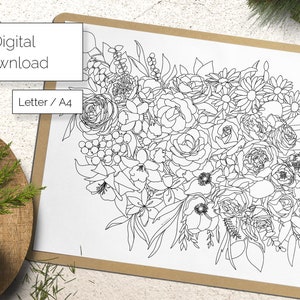 Ilustración floral, dibujo para colorear para adultos - ramo de flores - Carta y A4 - png, pdf. (Hojas para colorear, Diseños para colorear)
