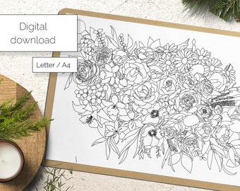 Floral illustration, printable coloring page for adults - flower bouquet - Letter and A4 - png, pdf. (Coloring sheets, Colouring designs)