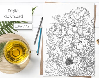 Digital printable coloring sheet for adults with floral theme "Peony" in black and light gray - Letter and A4 size - pdf, png.