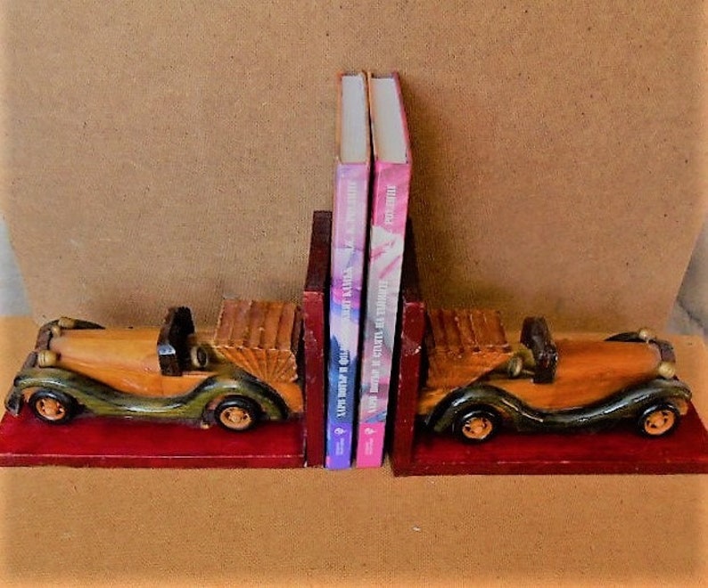 Unique Vintage Carved Wood Wooden Old Car Automobile Bookends Etsy
