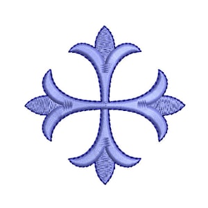 May include: A light blue embroidered cross design with a symmetrical, four-leaf clover shape. The cross has a detailed, textured appearance, with each leaf-like element curving outwards. The design is centered on a white background.