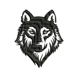 May include: Black and white line art illustration of a wolf's head. The wolf is looking directly at the viewer with a serious expression.