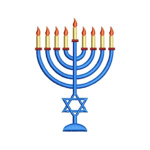 May include: A blue embroidered menorah with nine candle holders. Each candle is yellow with a red flame. The base features a Star of David. The menorah is a symbol of the Jewish holiday of Hanukkah.