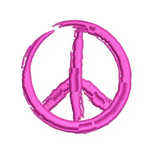 May include: A pink embroidered peace symbol on a white background. The symbol is a circle with three downward-pointing lines inside. The embroidery has a textured, slightly distressed appearance.