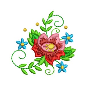 May include: Embroidered floral design featuring a large red and pink flower with a yellow centre, surrounded by green leaves and smaller blue flowers.