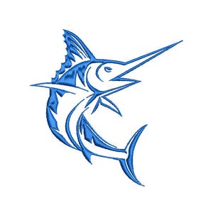 Può includere: Un disegno di pesce marlin blu. L'immagine presenta un'illustrazione stilizzata di un marlin, con un lungo becco appuntito e una prominente pinna dorsale. Il pesce è raffigurato in una posa dinamica, con il corpo curvo e la pinna caudale estesa.
