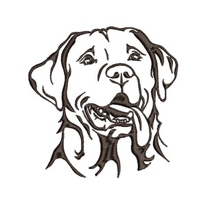 May include: A black and white line drawing of a Labrador Retriever dog's head. The dog has its tongue hanging out and is smiling. The image is a detailed illustration of the dog's face, including its eyes, nose, and mouth.