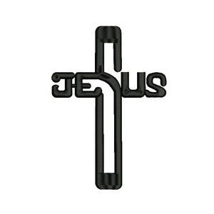 Może przedstawiać: Czarny haftowany krzyż ze słowem "JESUS" wkomponowanym w projekt. Krzyż ma prosty, minimalistyczny styl, a litery słowa Jezus tworzą ramiona i górną część krzyża.