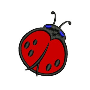 May include: A red ladybug with black spots and a black outline. The ladybug has black antennae and blue eyes. The image is a digital illustration on a white background.