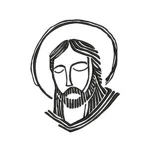 Może przedstawiać: Czarno-biały rysunek linii postaci religijnej z brodą, zamkniętymi oczami i aureolą. Obraz jest prostym, stylizowanym przedstawieniem, odpowiednim do różnych zastosowań religijnych lub duchowych.