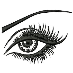 May include: A black and white illustration of a single eye with long eyelashes and an eyebrow.