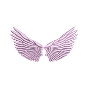 May include: A pair of embroidered angel wings in a soft, muted pink color. The wings are symmetrical, with detailed feather patterns, and are set against a clean white background. The design is suitable for various craft projects.