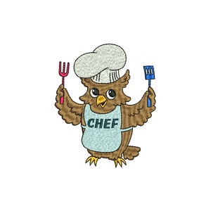 May include: A brown owl wearing a white chef's hat and a blue apron with the word "CHEF" on it. The owl is holding a red fork in one hand and a blue spatula in the other.