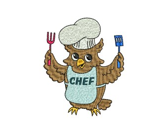 OWL - BARBECUE CHEF - machine embroidery design - Instant Download