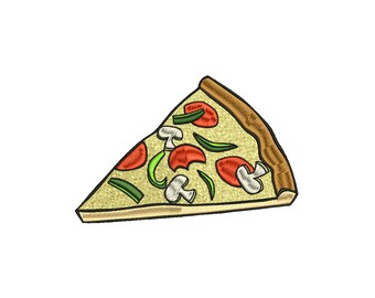 May include: A slice of pizza with pepperoni, mushrooms, and green peppers. The pizza has a golden brown crust and is topped with melted cheese.