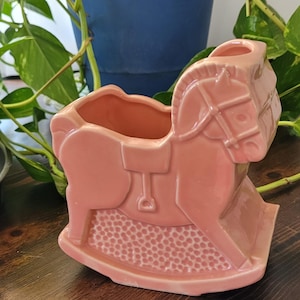 Vintage Shawnee Pottery, Pink Rocking Horse planter, baby room