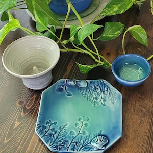 May include: A collection of handmade ceramic pieces, including a teal octagonal plate with a seashell and seaweed design, a small blue bowl, and a light gray ceramic vase. Green leafy plants and a blue pot are in the background.