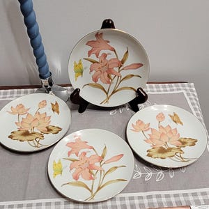 Vintage Floral Plates Set: Japanese Lilies & Butterflies, Gold Rim