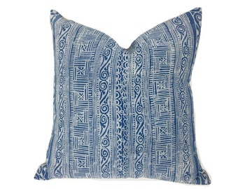 Vintage Batik Hemp Pillow Cover, Vintage Indigo blue and white Pillow Cover, Boho style, Coastal Casual Decor Style, Morrissey Fabric