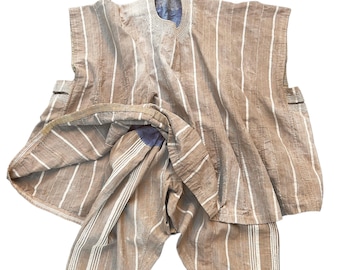 Vintage African top & pants- Traditional Yoruban tunic, beige stripes, corded embroidery, African formalwear, Collectible ethnic clothes