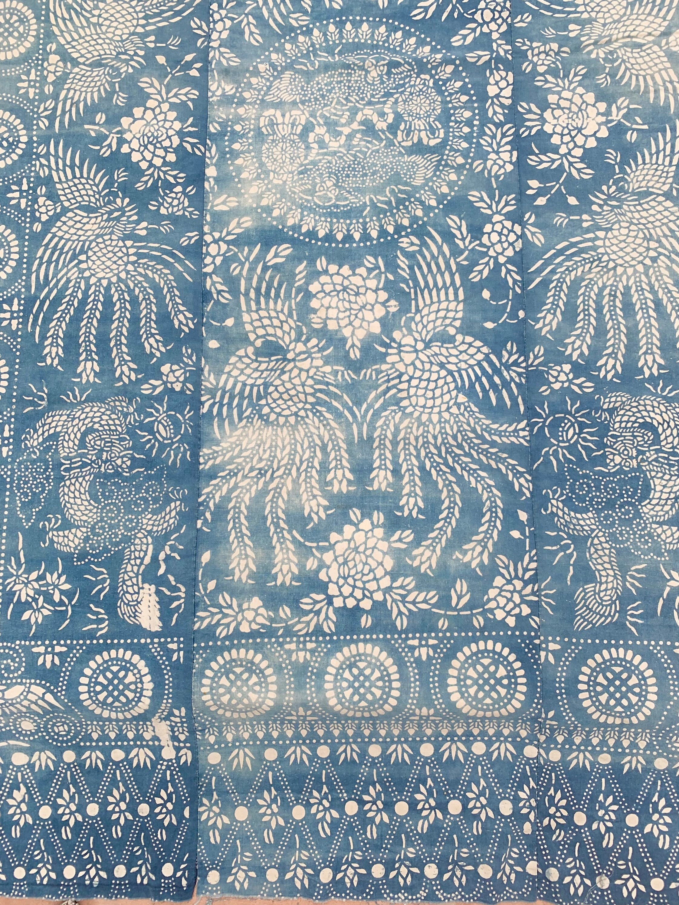 Vintage Chinese Batik Fabric, 3-panel Nanking Indigo textile, Blue and ...