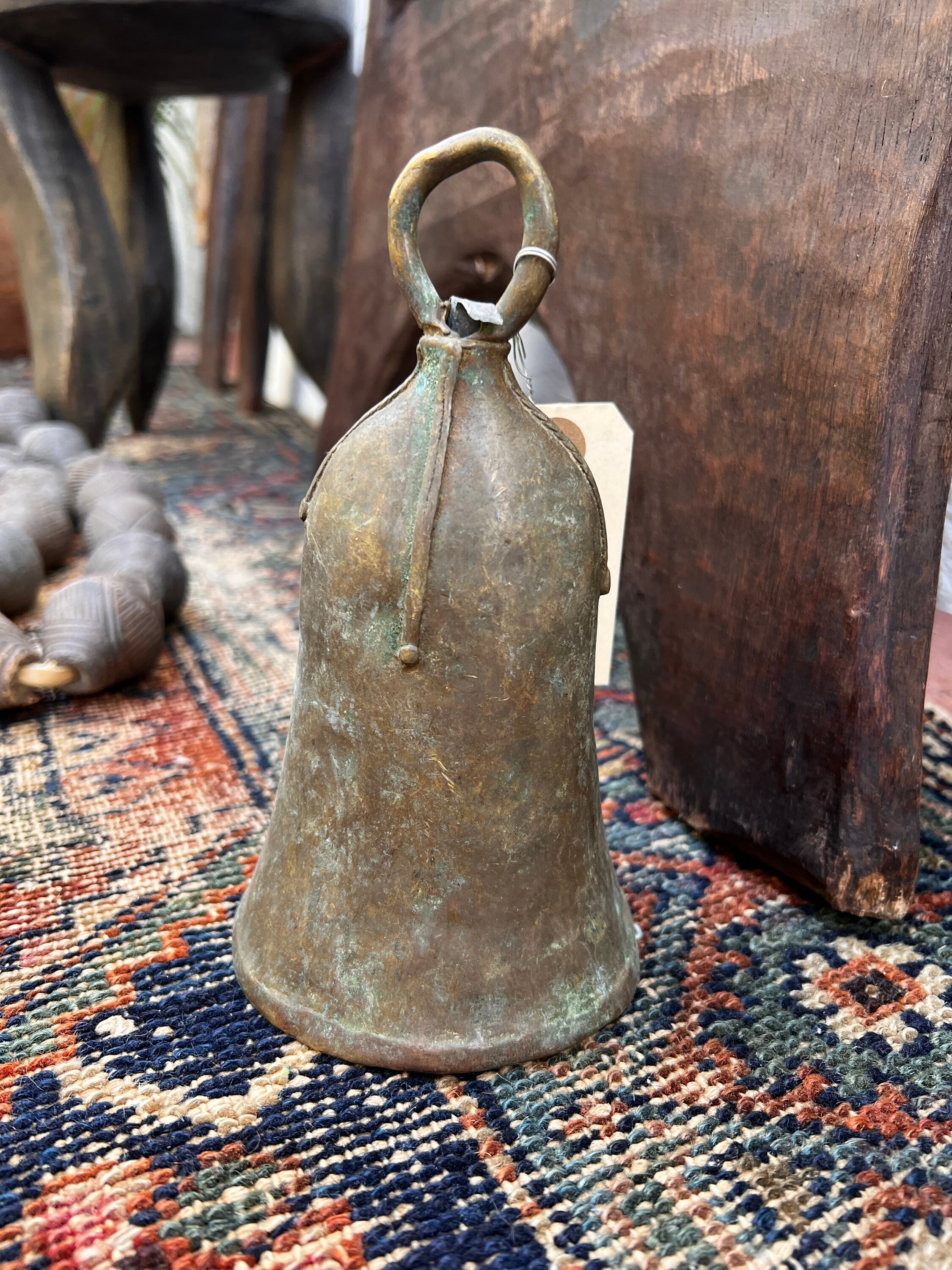 Large Antique Brass Cow Bell, Rustic African hand made bronze bell