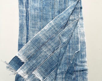 Vintage African Indigo Textile: Wabi Sabi Cotton Denim Home Decor, Fringe Detail and Patches
