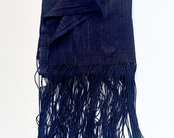Blue Mud Cloth with long fringe, Dark Indigo Blue Denim scarf, Vintage African Textile, Mens scarf, navy blue denim with fringe