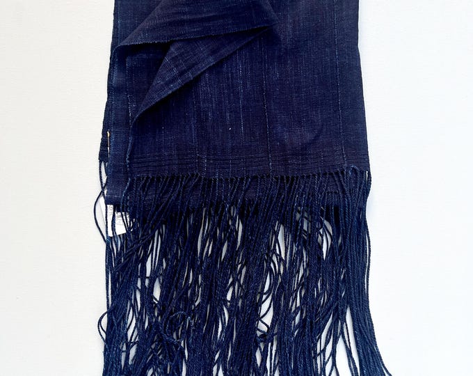 Blue Mud Cloth with long fringe, Dark Indigo Blue Denim scarf, Vintage African Textile, Mens scarf, navy blue denim with fringe