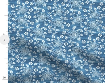 Boho fabric in Blue and white floral design, Vintage Chinoiserie style fabric look, upholstery weight, cut and sew fabric print