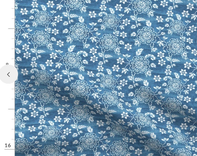 Boho fabric in Blue and white floral design, Vintage Chinoiserie style fabric look, upholstery weight, cut and sew fabric print