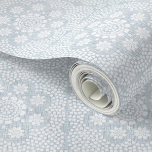 Carta da parati Block Print, arredamento per la casa in stile boho blu sbiadito, fattoria moderna, cottage di campagna