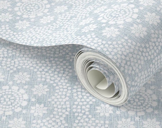 Block Print wallpaper, faded blue boho style home decor, modern farmhouse, country cottage